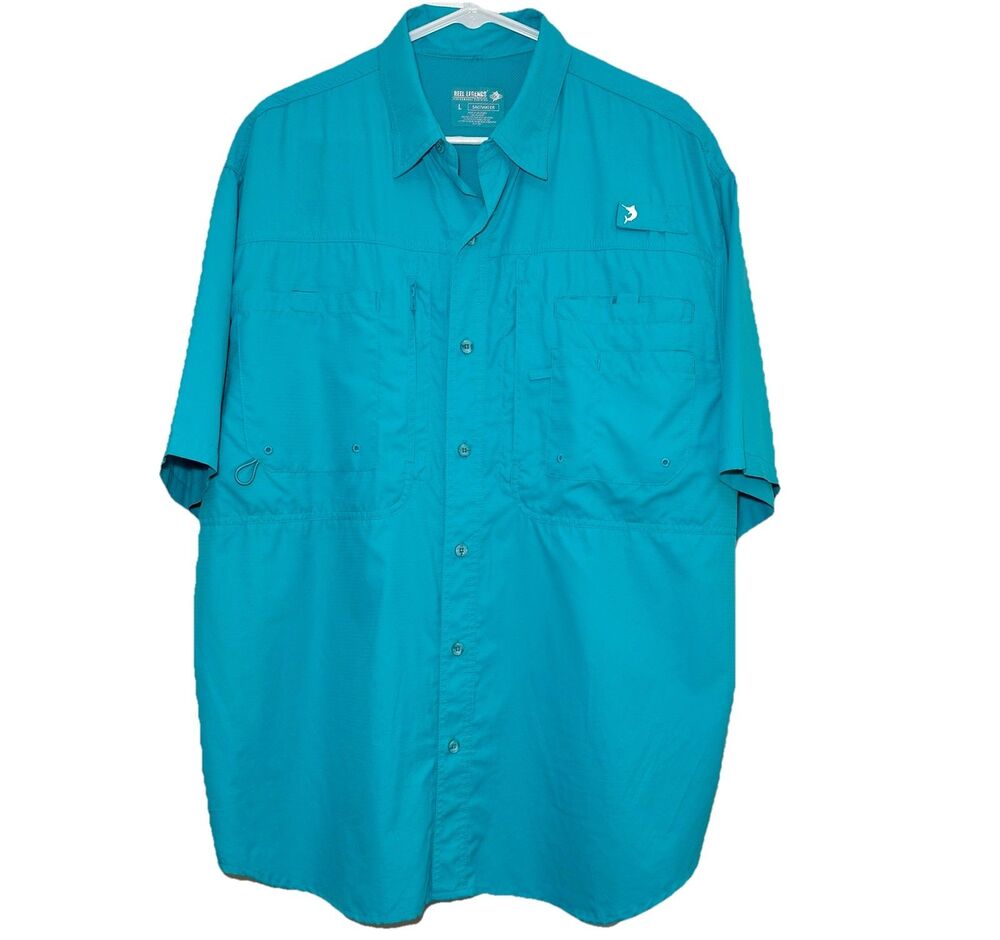 Reel Legends Fishing Shirt Mens L Teal Vented Performance Short Sleeve Outdoor